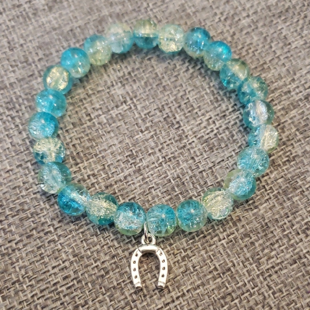 Turquoise and Mint Beaded Bracelet with Horseshoe Charm